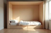 Chambre minimaliste avec lit dans une grande caisse en carton