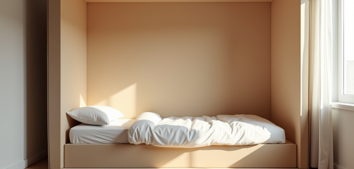 Chambre minimaliste avec lit dans une grande caisse en carton