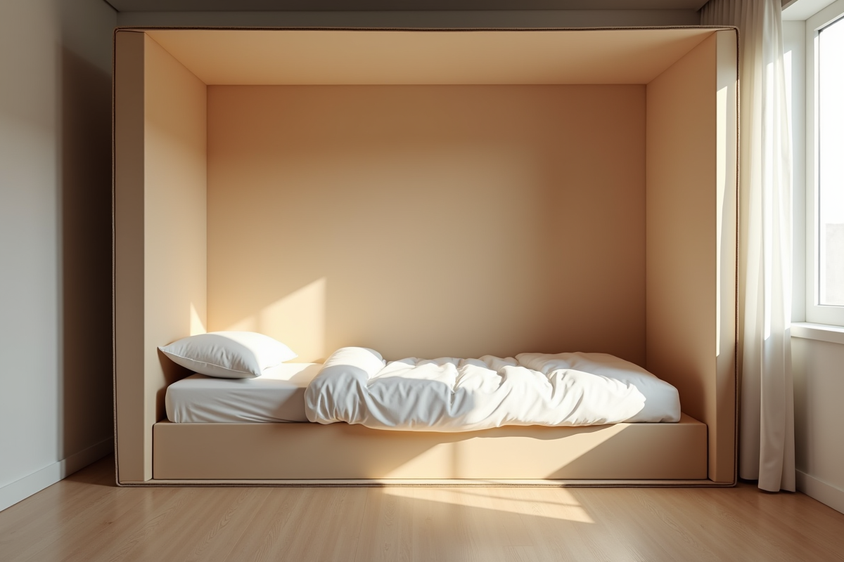 Chambre minimaliste avec lit dans une grande caisse en carton