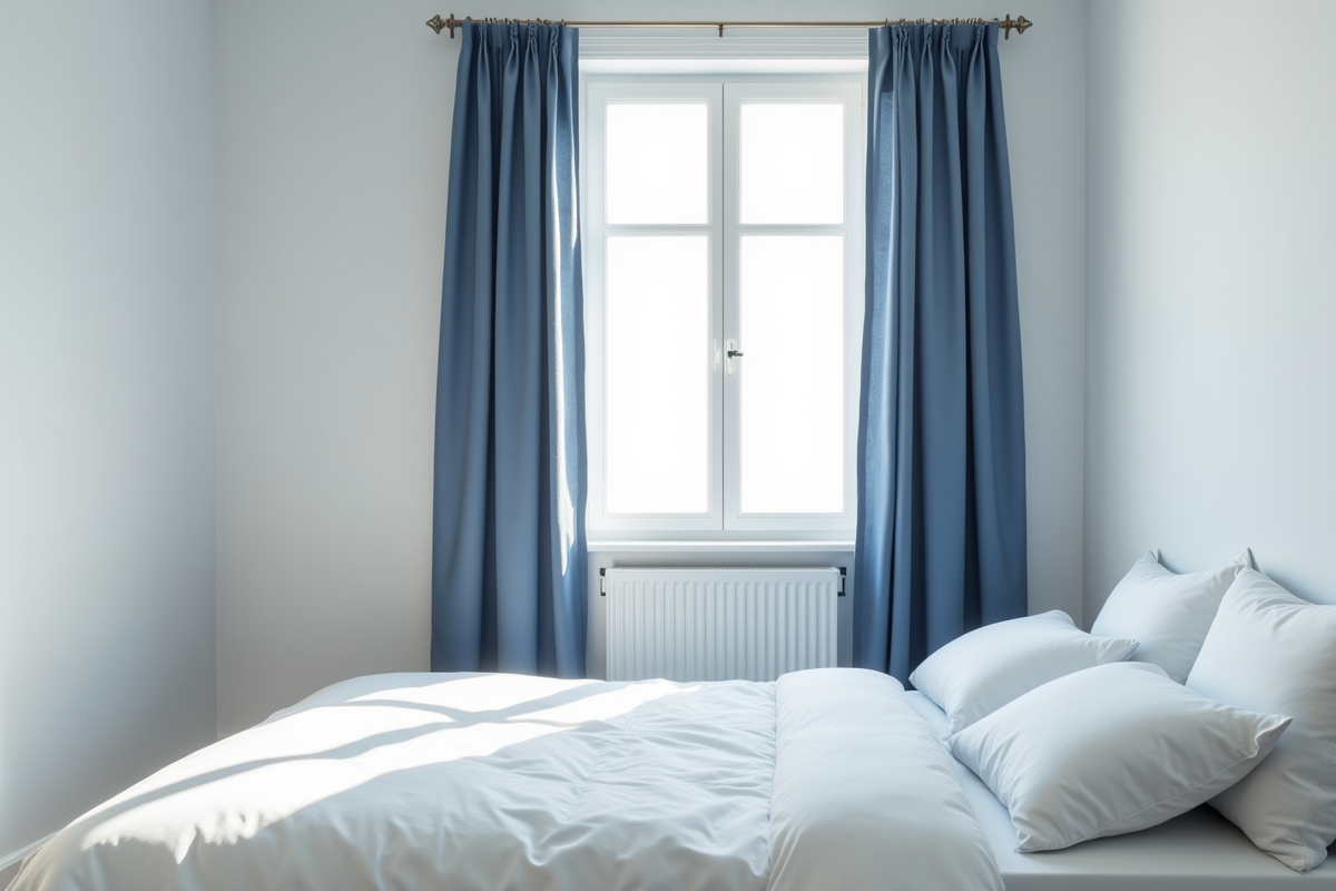 Chambre lumineuse avec rideau bleu de 60x140 cm et lumière naturelle