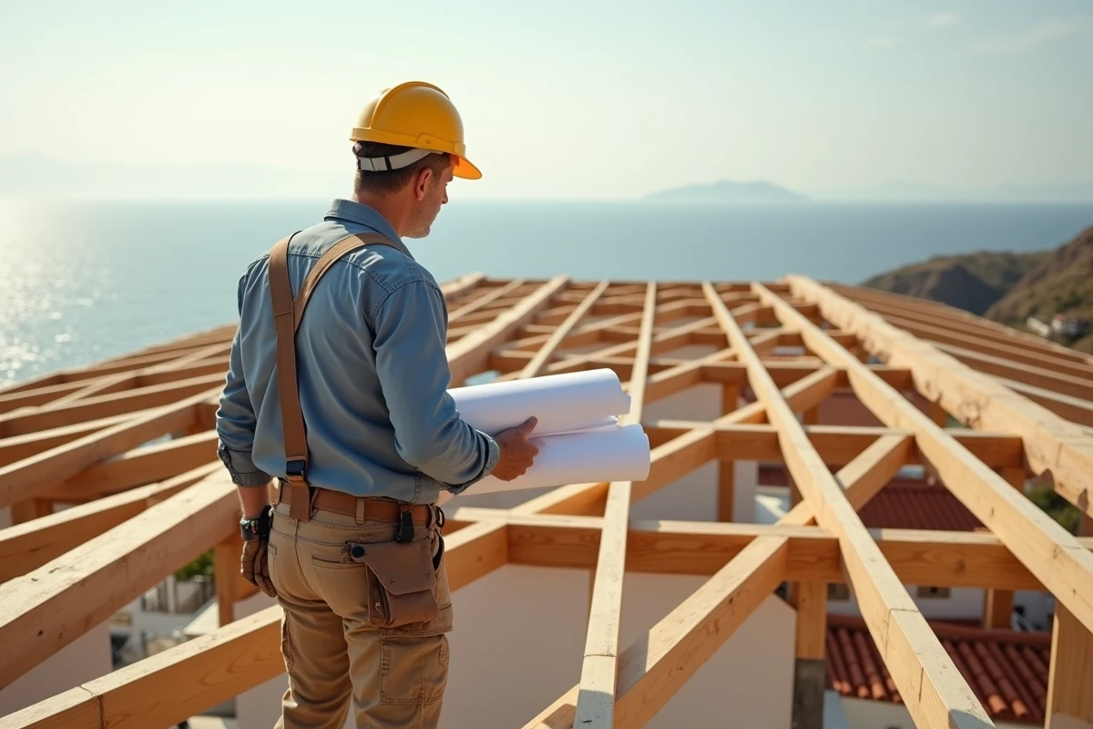 Charpentier inspectant une charpente bois pour toiture de villa en zone littorale