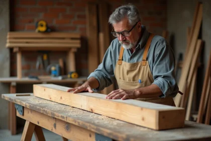 Charpentier examinant un bastaing madrier en bois massif dans un atelier artisanal