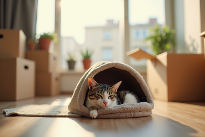 Chat domestique calme dans une caisse de transport lumineuse