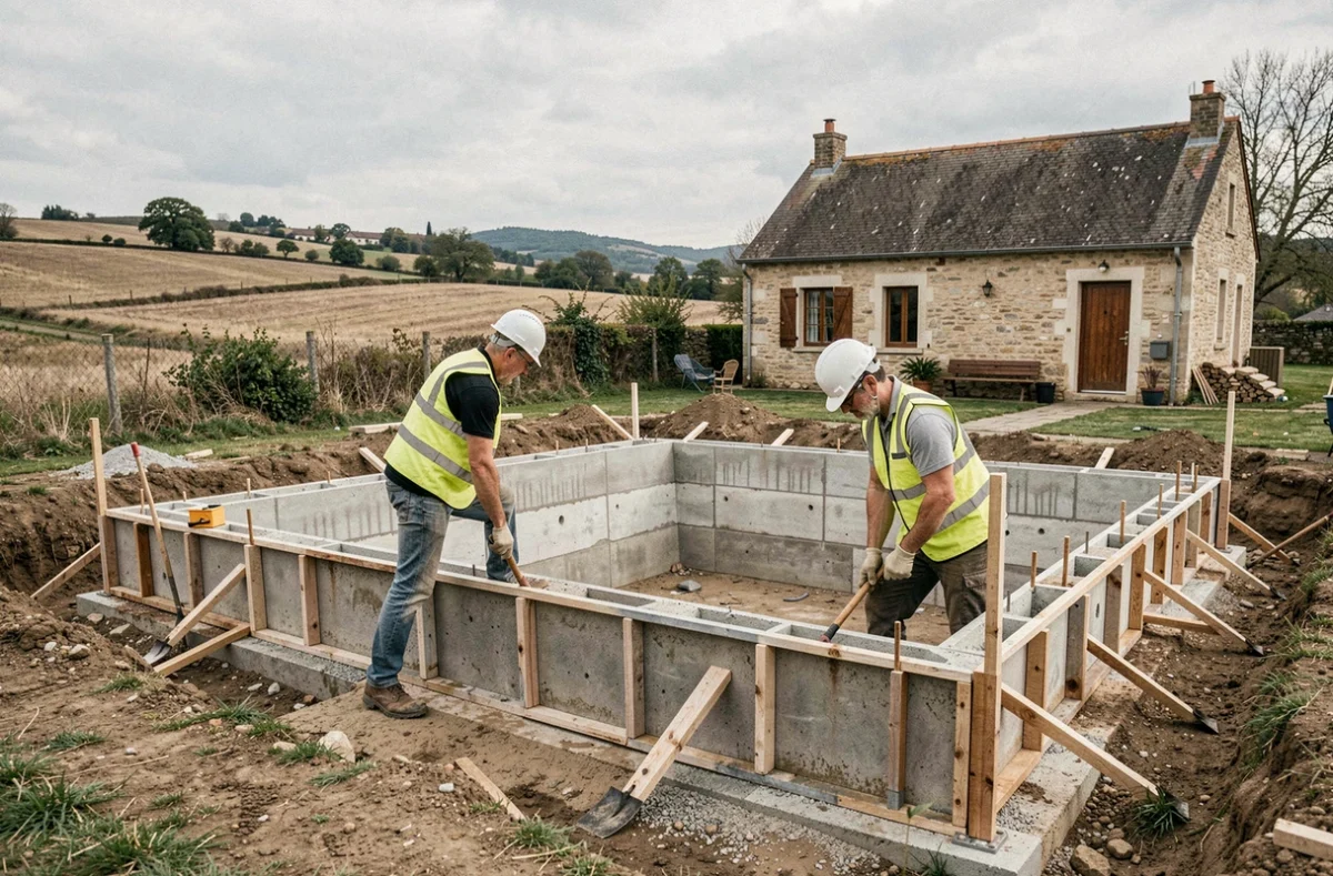 Équipe Clever Pool posant les coffrages d'une piscine en cours de construction à Chalamont