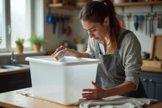 Femme appliquant de la colle transparente sur une fissure de plastique blanc dans un atelier domestique