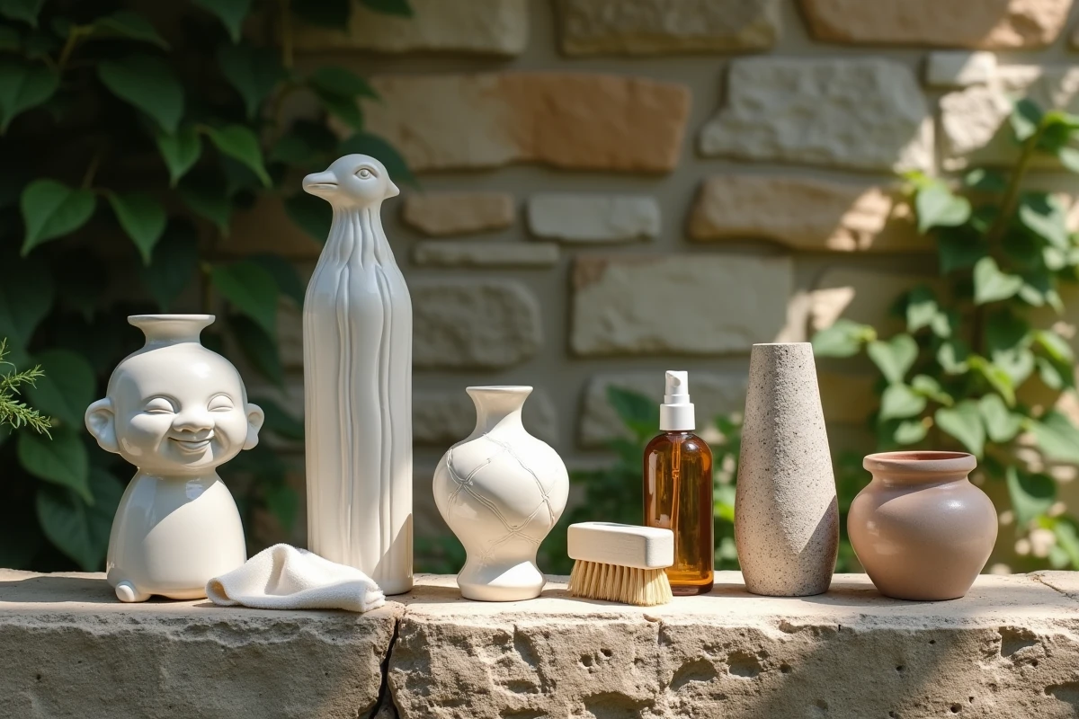 Ensemble de statues décoratives en résine, terre cuite et céramique avec accessoires d'entretien sur un patio en pierre