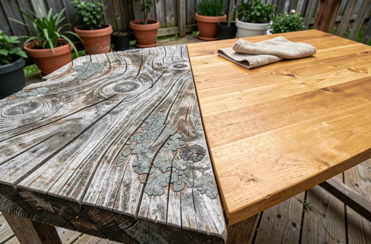 Comparaison gros plan d'une table en bois extérieure grisée et fissurée avant et après traitement protecteur