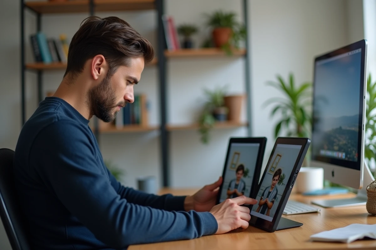 Homme comparant deux cadres photo connectées sur un bureau en bois, examinant leurs écrans affichant des images similaires