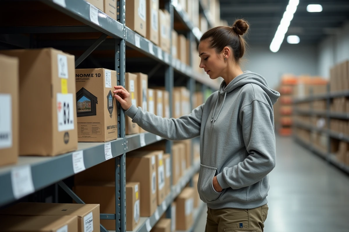 Femme comparant des fenêtres de toit en rayon dans une grande surface de bricolage type Brico Dépôt pour trouver le meilleur rapport qualité-prix