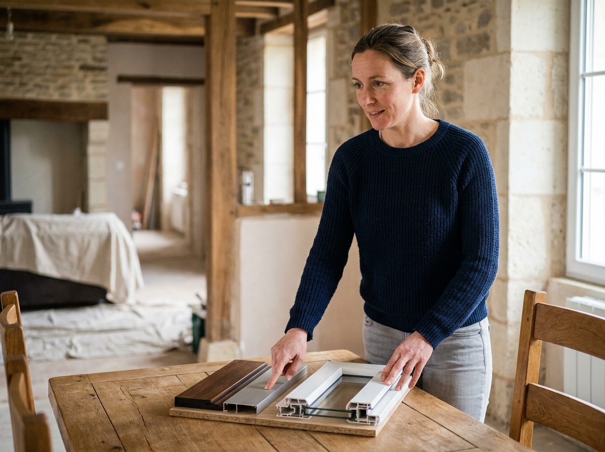 Propriétaire comparant des échantillons de menuiseries bois aluminium et PVC pour sa maison au Mans