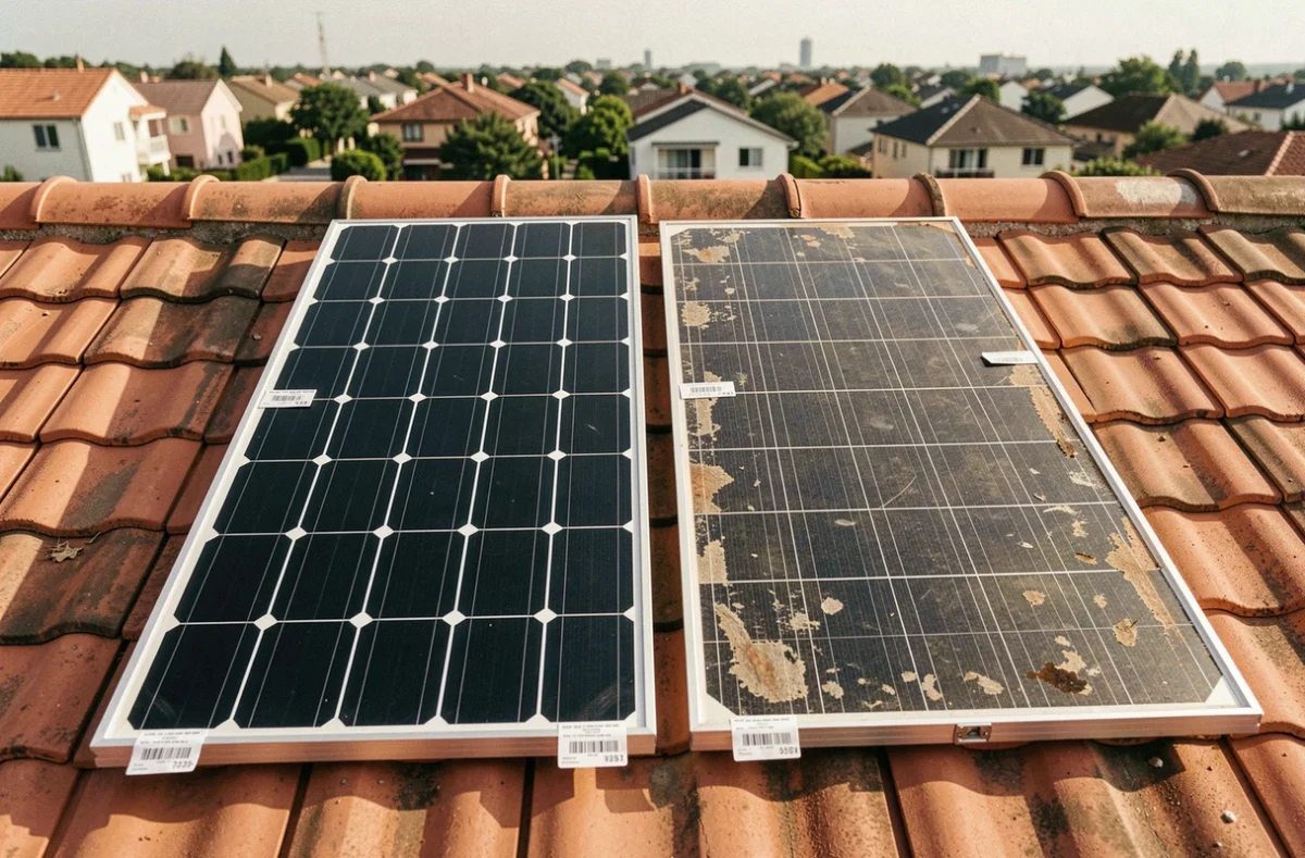 Comparaison de deux panneaux solaires avec étiquettes de prix sur un toit résidentiel en tuiles