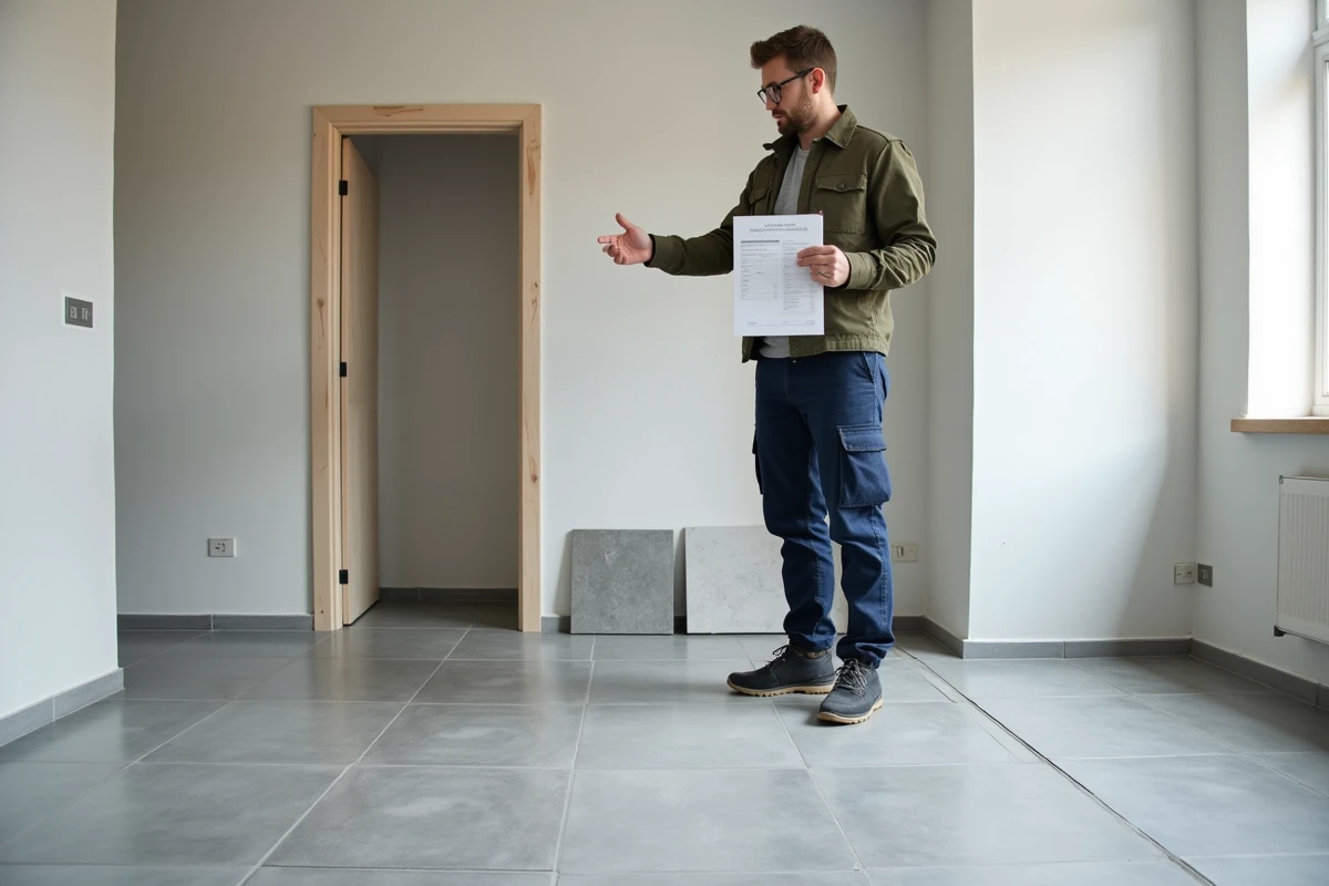 Artisan carreleur comparant les techniques de pose collée et scellée avec un devis de prix au m2 dans un salon en rénovation