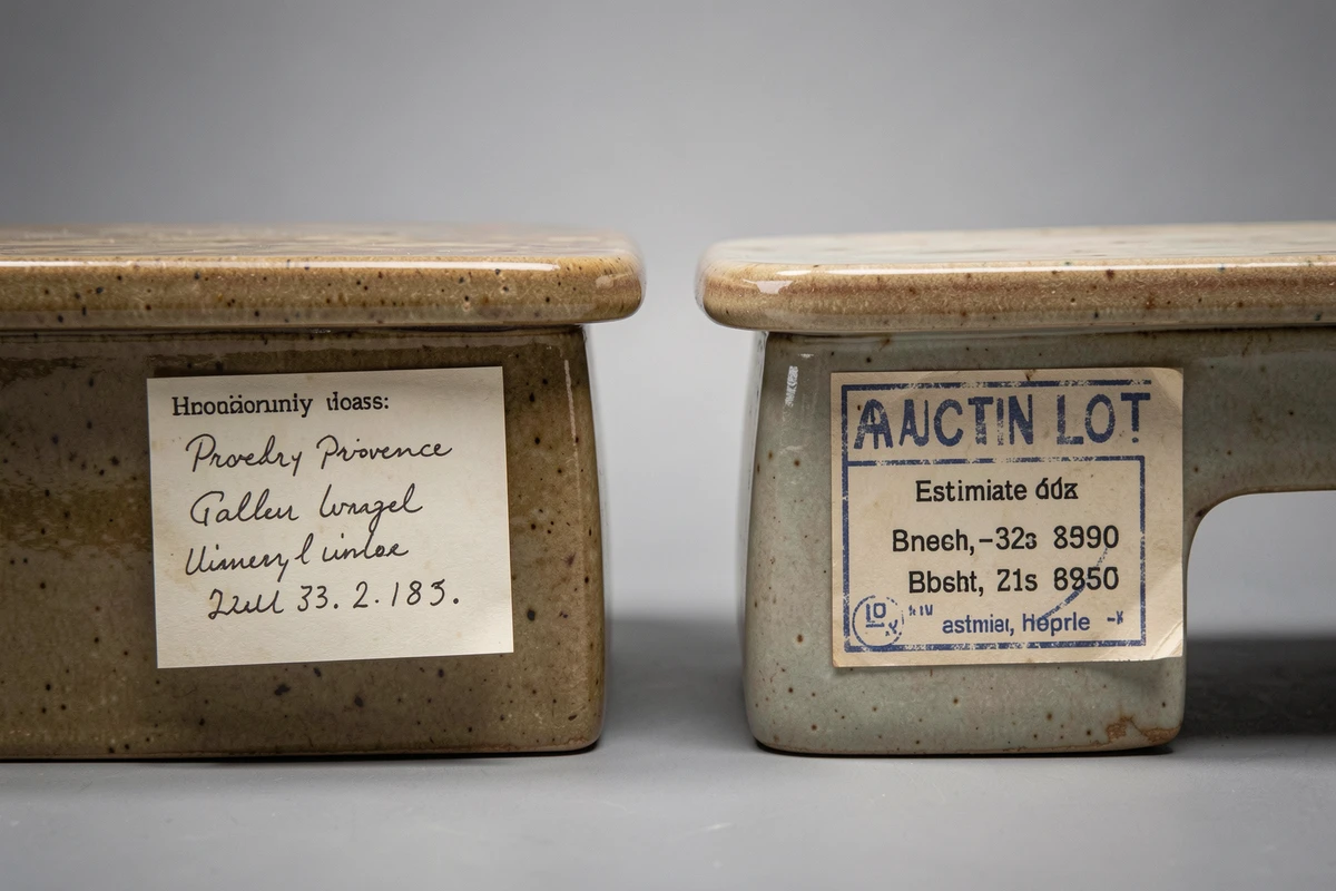 Comparaison entre une étiquette de galerie et une étiquette d'enchères sur deux tables basses en céramique style Capron