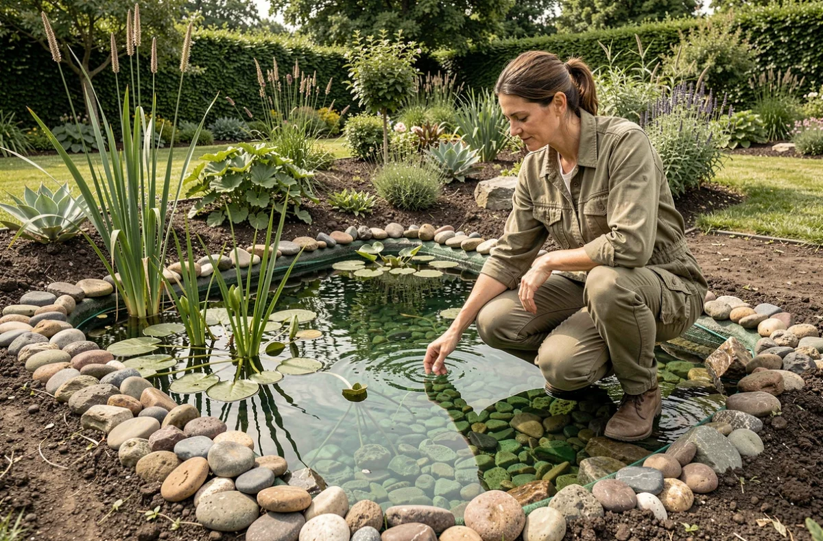 Bassin naturel de baignade Construires avec zone de régénération végétale dans un jardin paysager