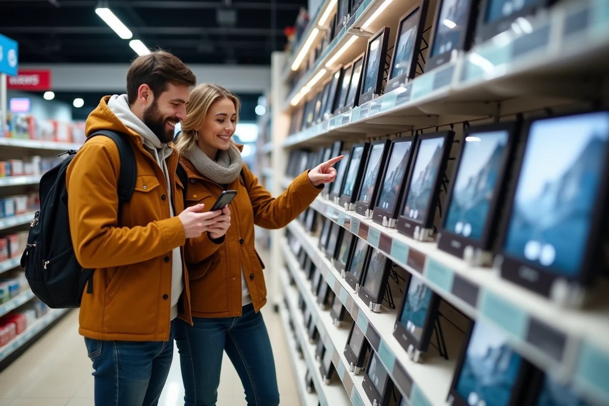 Couple en magasin d'électronique comparant plusieurs cadres photo connectées sur un présentoir, l'un consultant son téléphone pour vérifier les avis