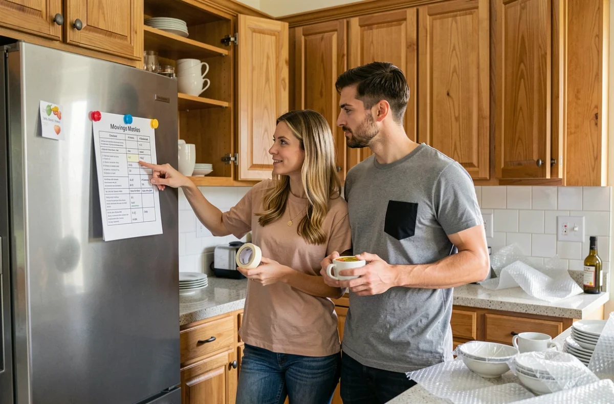 Couple consultant une checklist de déménagement affichée sur le réfrigérateur dans une cuisine en cours de démontage avec vaisselle emballée