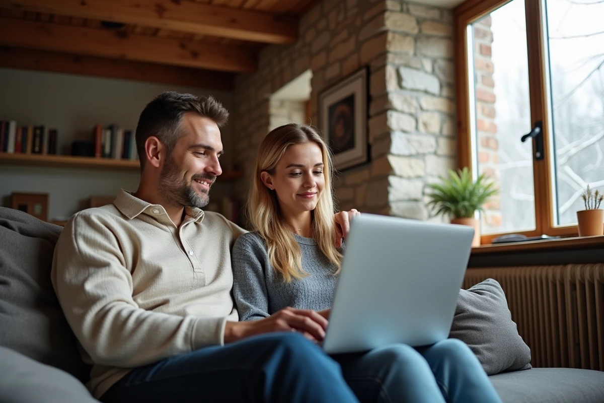 Couple consultant des données de consommation énergétique sur un ordinateur portable pour réduire leur facture de chauffage