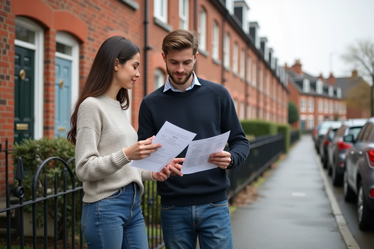Jeune couple discutant devis de rénovation devant maison