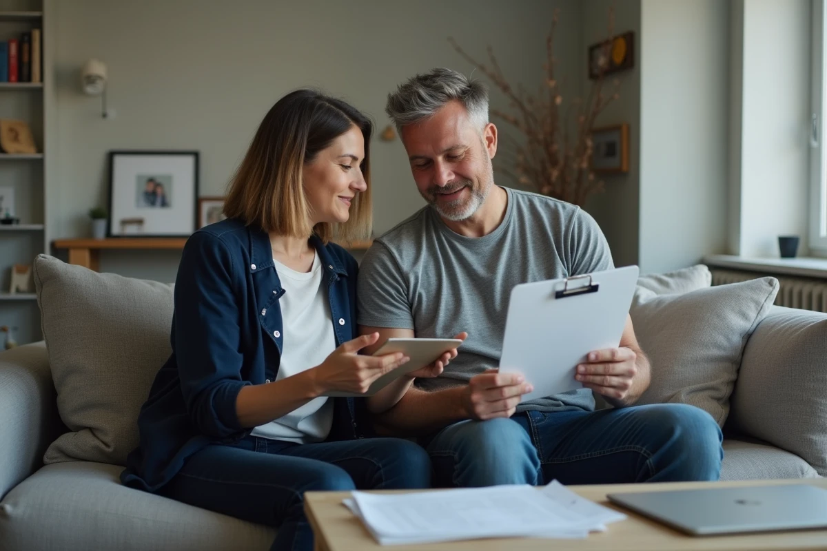 Couple étudiant un dossier de demande de logement social dans leur appartement, illustrant la notion de foyer commun