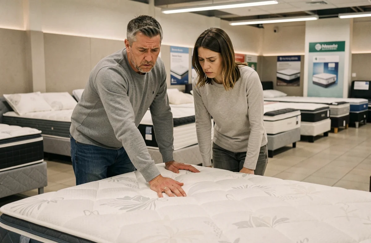 Couple évaluant un matelas en magasin avec une expression dubitative et méfiante
