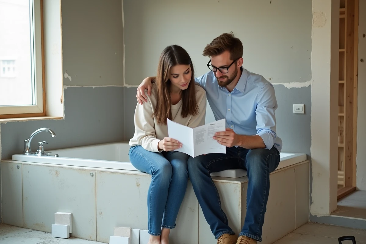 Jeune couple lisant un manuel dans une salle de bain en rénovation