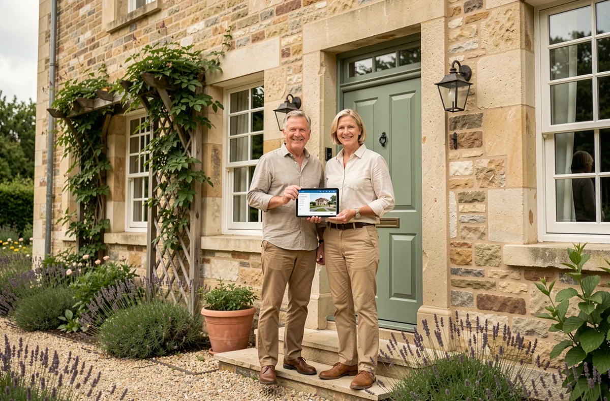 Couple devant leur maison en pierre rénovée durablement avec des matériaux écologiques et des fenêtres double vitrage