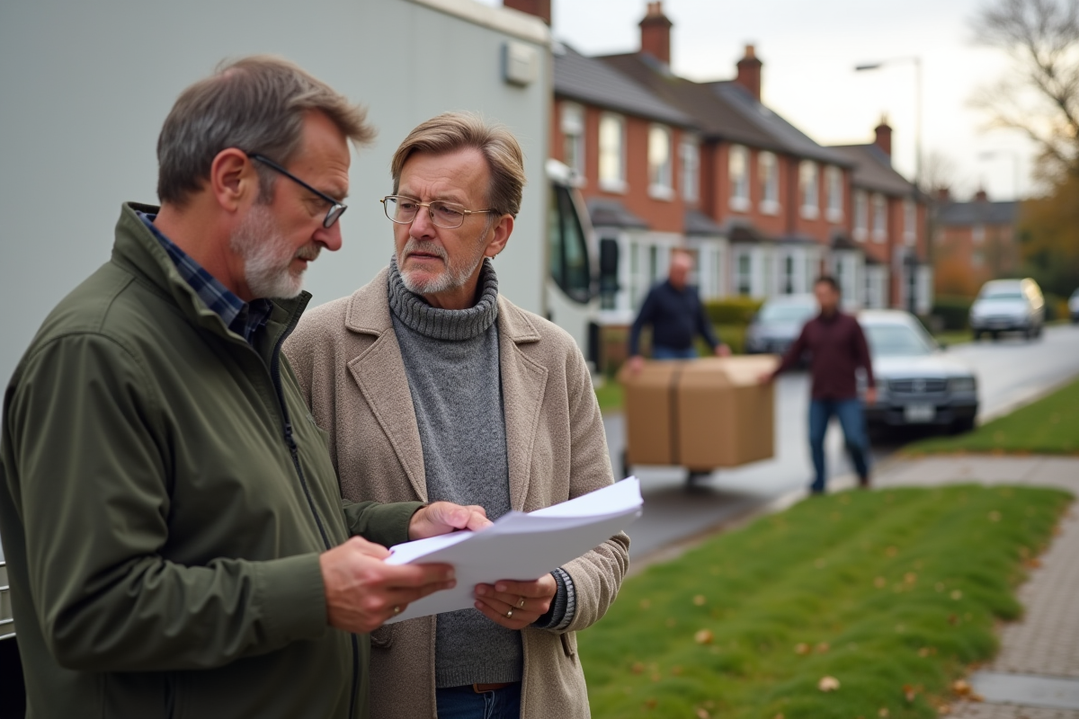 Couple regardant documents devant un camion de déménagement dans la rue