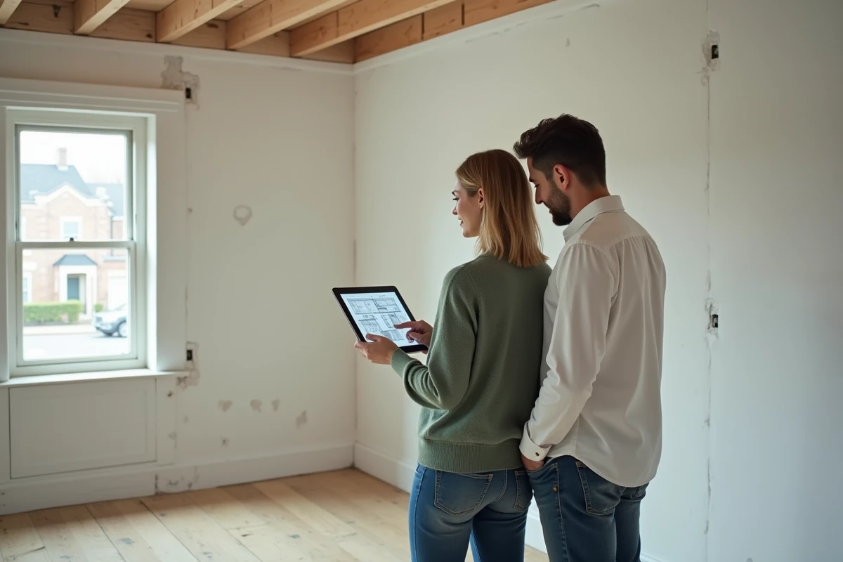 Couple comparant un plan d'aménagement numérique avec l'espace réel d'une pièce en cours de rénovation
