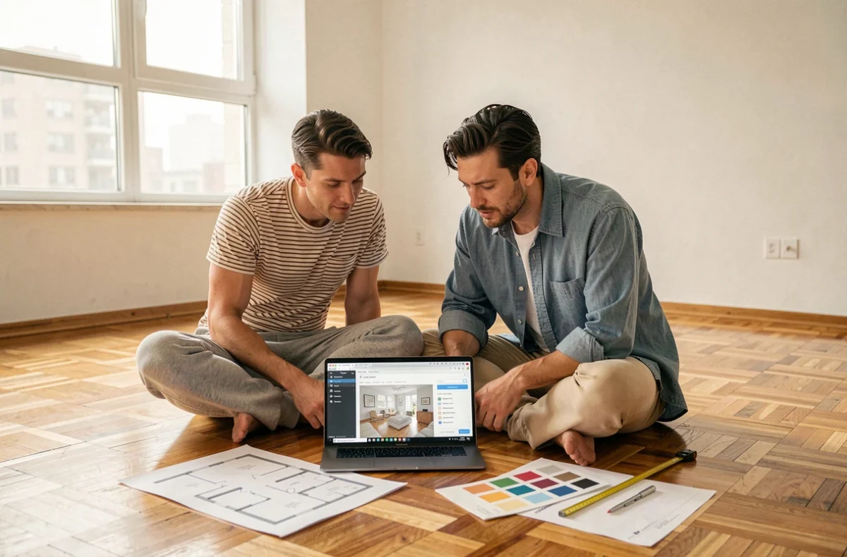 Couple assis au sol d'un appartement vide planifiant leur rénovation avec un logiciel de plan 3D gratuit et des échantillons de couleurs