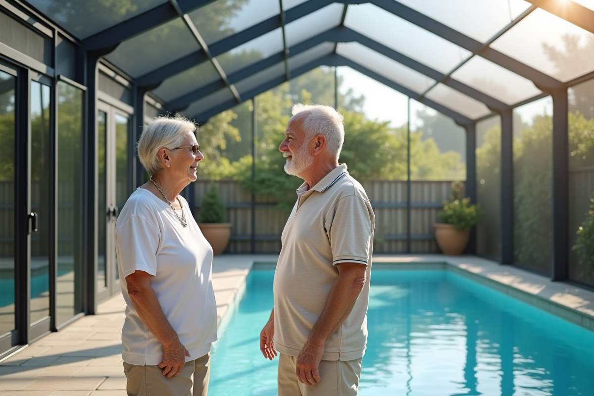 Couple retraité souriant devant leur piscine couverte