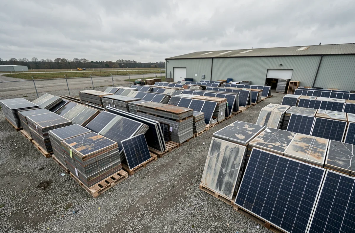 Cour de tri d'un centre de recyclage avec des rangées de panneaux solaires usagés empilés sur palettes