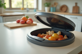 Cuisine moderne avec poubelle ouverte et déchets visibles