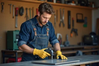 Débutant en soudure utilisant un fil fourré Parkside dans un atelier garage avec tablier en denim et gants de protection