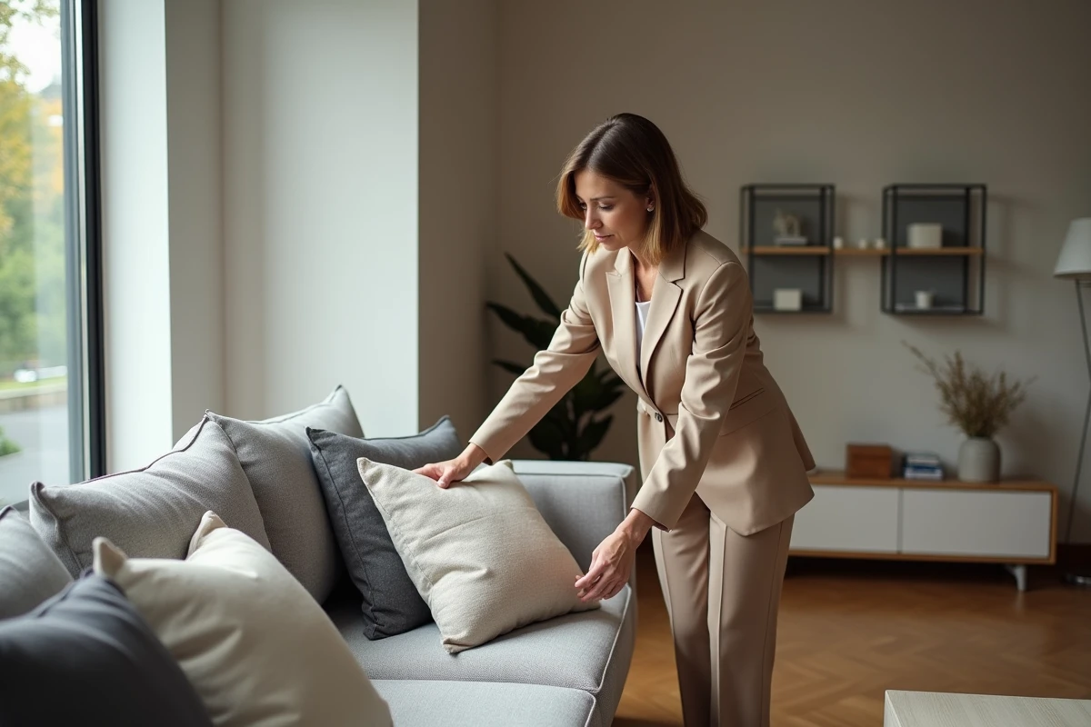 Décoratrice d'intérieur élégante arrangeant des coussins dans un salon moderne
