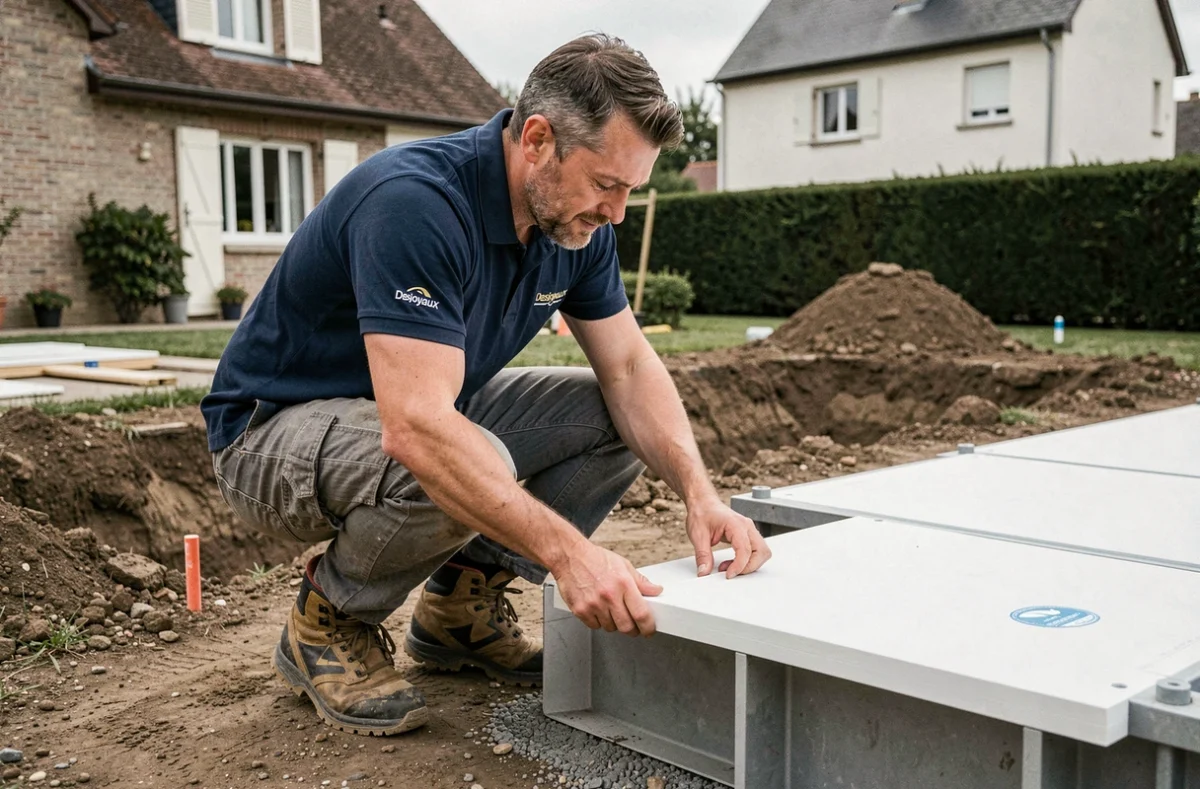 Technicien Desjoyaux assemblant les panneaux modulaires d'une piscine à Balan
