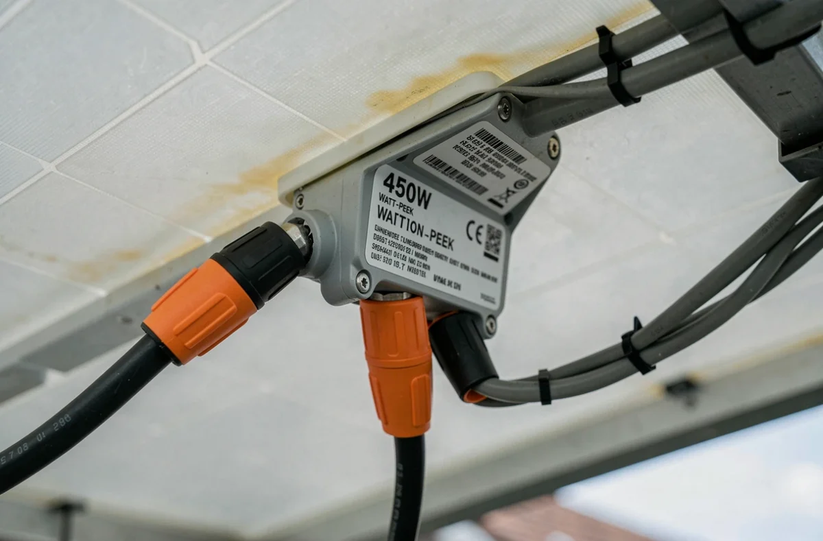 Gros plan sur la boîte de jonction et connecteurs MC4 d'un panneau solaire 450W, détail technique du câblage arrière