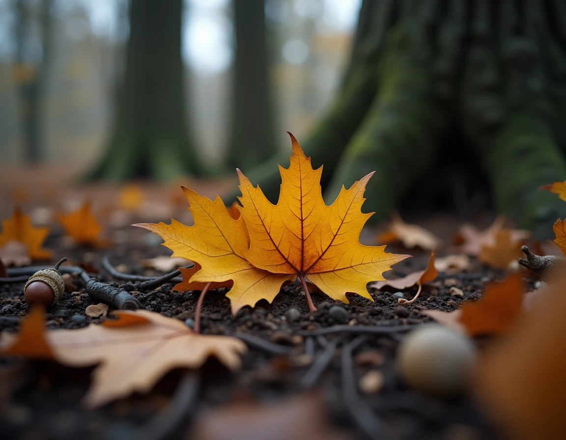 Feuilles d'automne tombées sur le sol du Bois d'Ormes, détail macro de feuillage coloré avec textures de terre et de racines