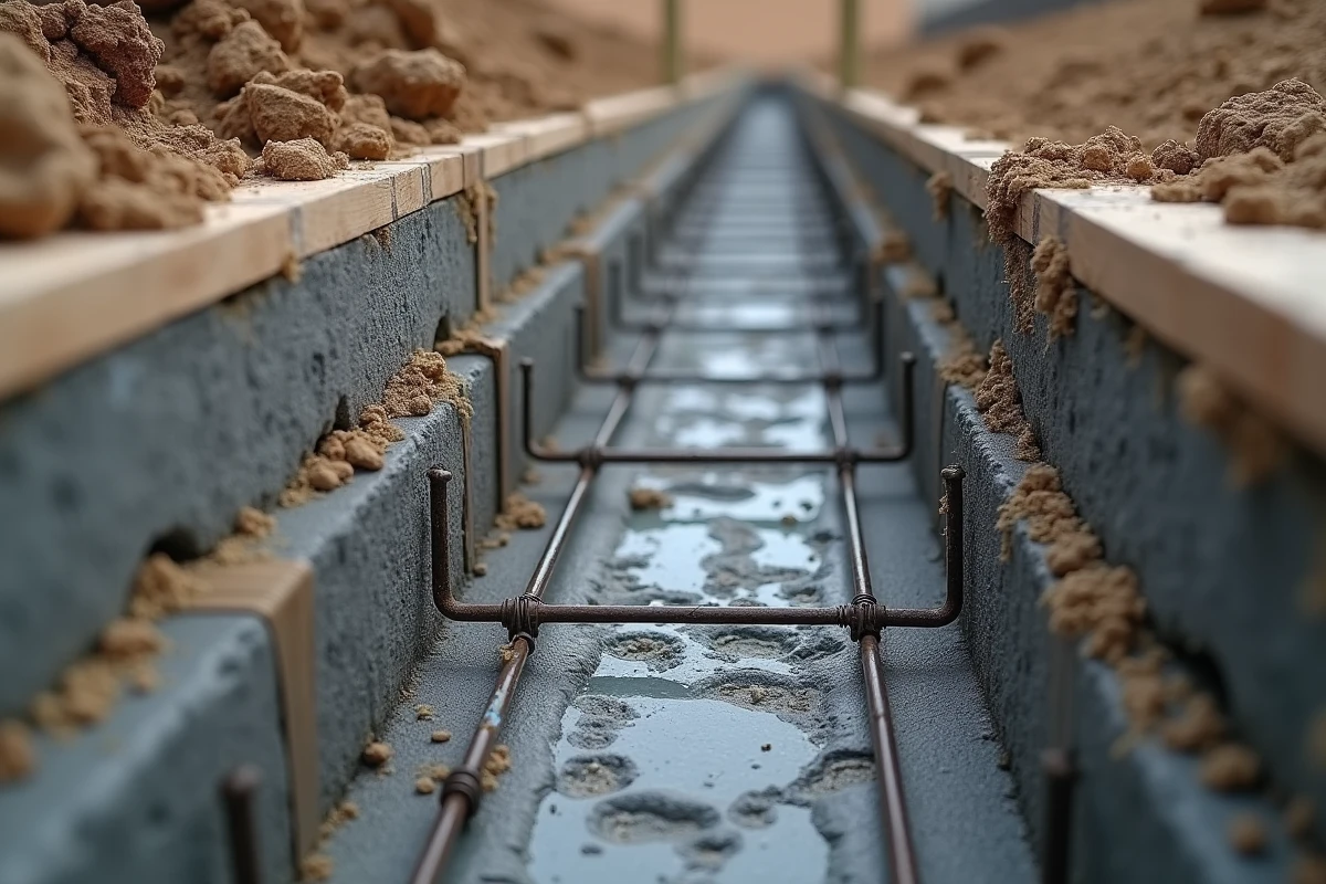 Détail d'une fondation de mur de clôture en béton armé avec ferraillage et coffrage dans une tranchée