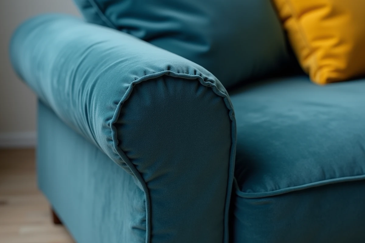 Gros plan sur le coin d'un canapé d'angle recouvert d'une housse en velours bleu canard avec coussin décoratif