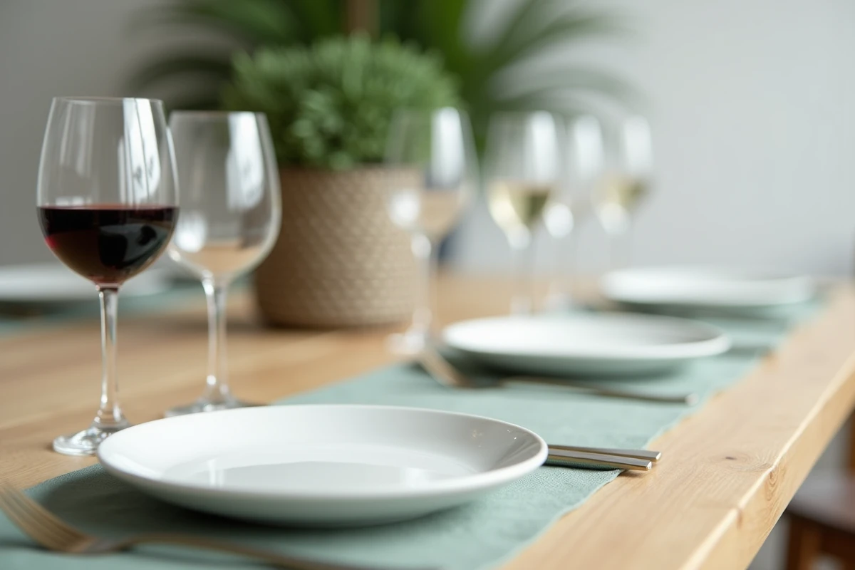 Gros plan sur le placement de trois verres à table dans un intérieur scandinave, verre à eau, vin rouge et flûte disposés correctement