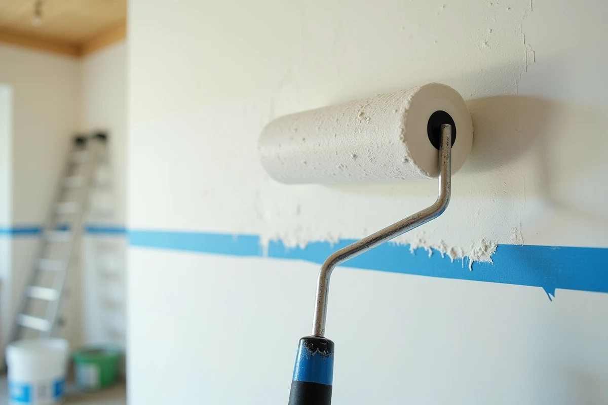 Détail d'un rouleau à peinture appliquant de la peinture blanche sur un plafond en plâtre texturé avec du ruban de masquage bleu
