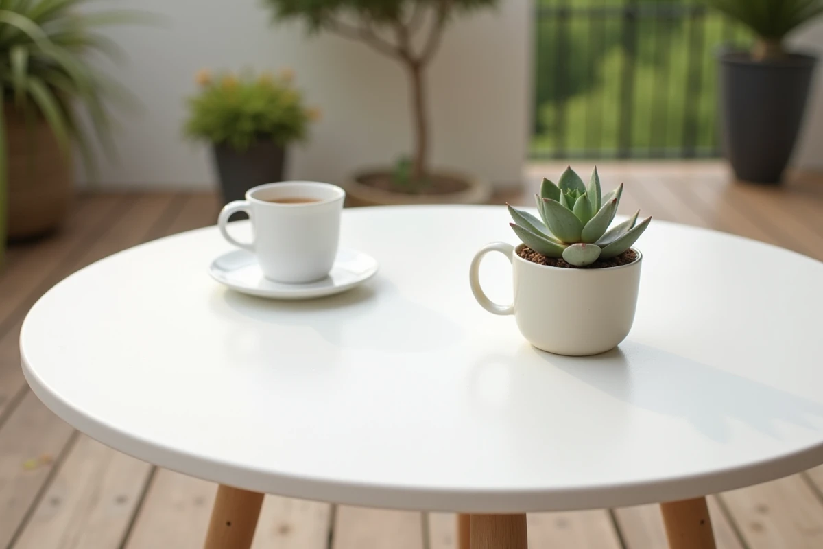 Gros plan sur la surface texturée d'une table ronde en résine blanche avec une tasse et une plante succulente posées dessus