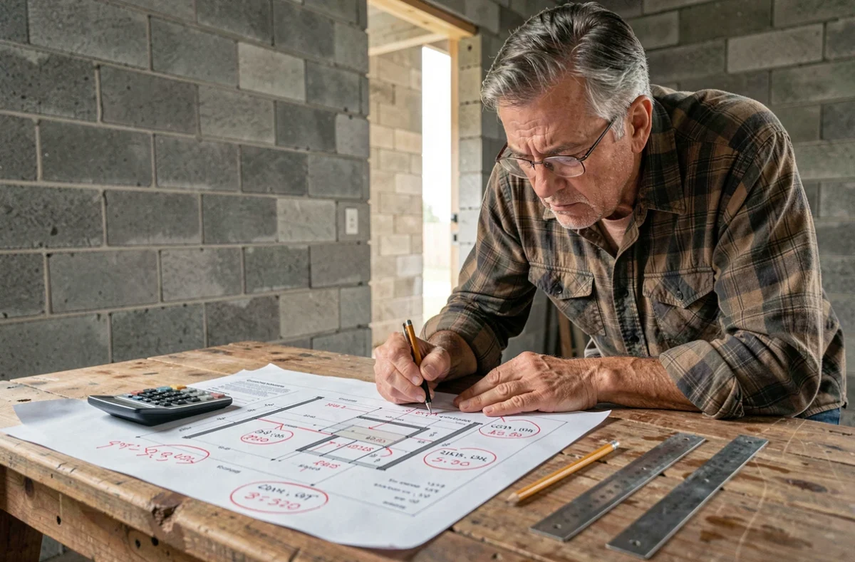 Homme étudiant un devis annoté avec dépassements de coût pour un garage en parpaing de 20m2 sur un établi de chantier