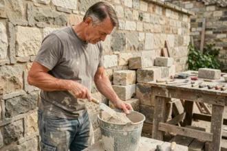 Maçon dosant la chaux dans un seau métallique devant un mur en pierre ancienne sur un chantier de restauration
