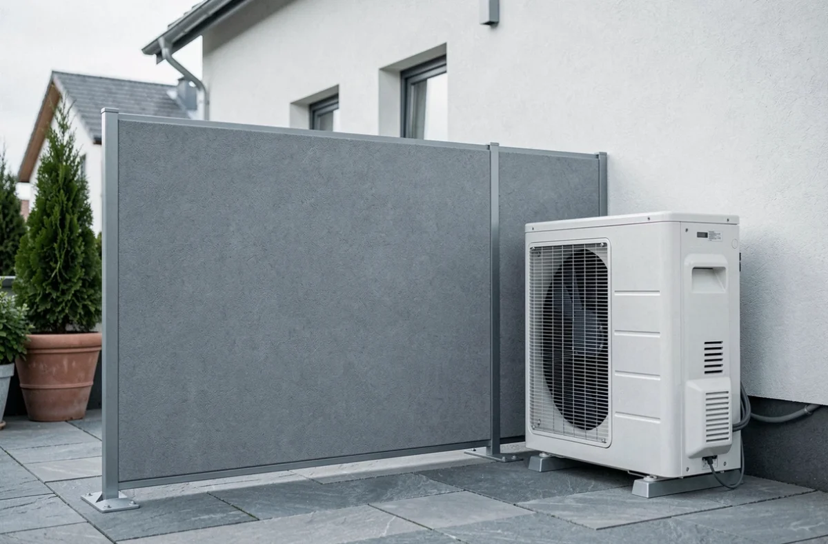 Écran anti-bruit en composite gris installé devant une pompe à chaleur blanche sur une terrasse contemporaine avec dallage en pierre