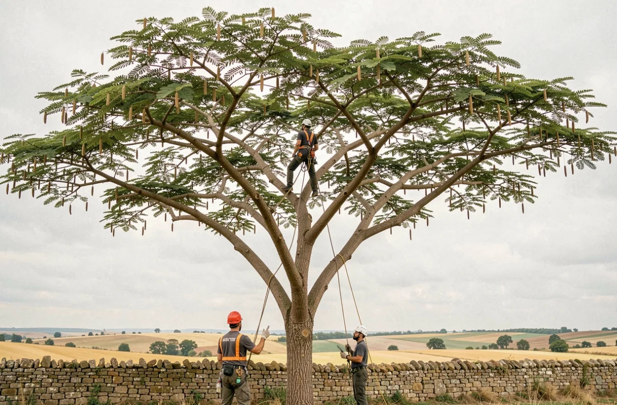 Vue large d'un acacia de grande taille en milieu rural avec deux élagueurs professionnels travaillant en équipe à son élagage