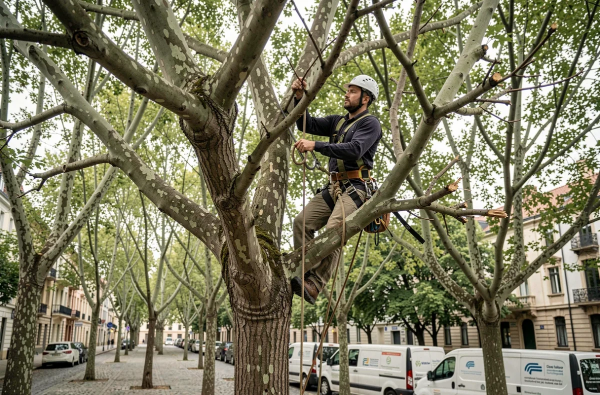 Élagueur professionnel en hauteur dans un platane urbain, inspecter les branches mortes en préparation d'un chantier d'élagage