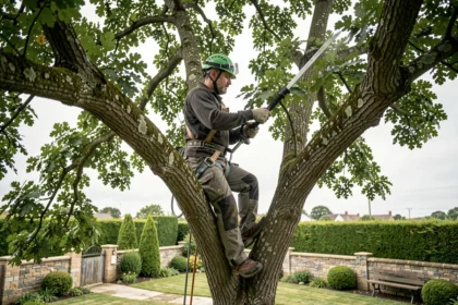 Élagueur professionnel en hauteur dans un chêne mature réalisant une taille de branches avec équipement de sécurité complet