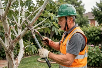 Élagueur professionnel taillant les branches épineuses d'un acacia mature dans un jardin avec un équipement de sécurité adapté