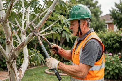 Élagueur professionnel taillant les branches épineuses d'un acacia mature dans un jardin avec un équipement de sécurité adapté